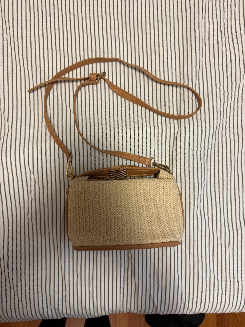 Woven Straw Crossbody Bag - Natural Cream & Tan, Gold Hardware, Detachable Strap